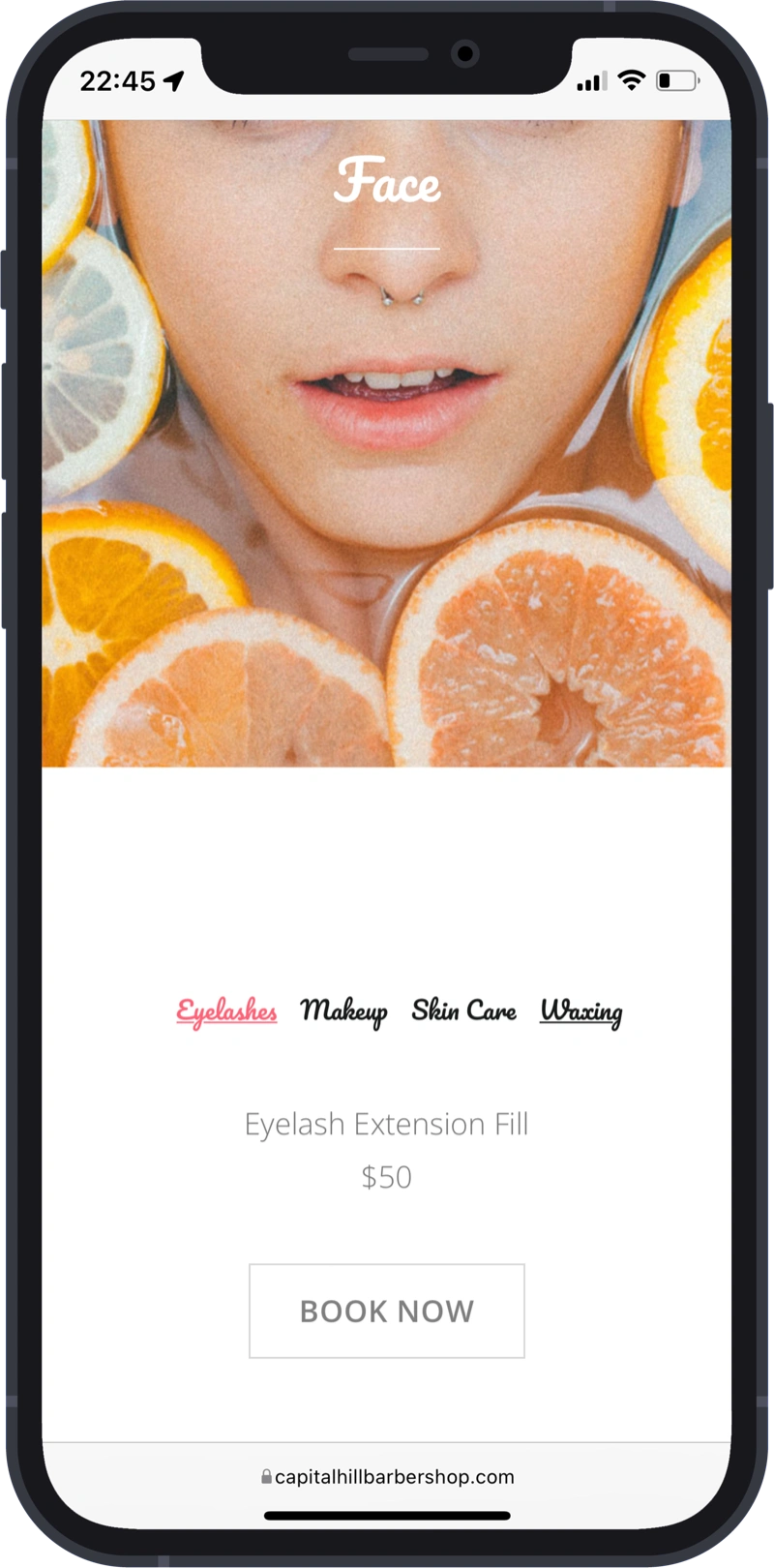 capital hill barbershop website face care section on mobile device