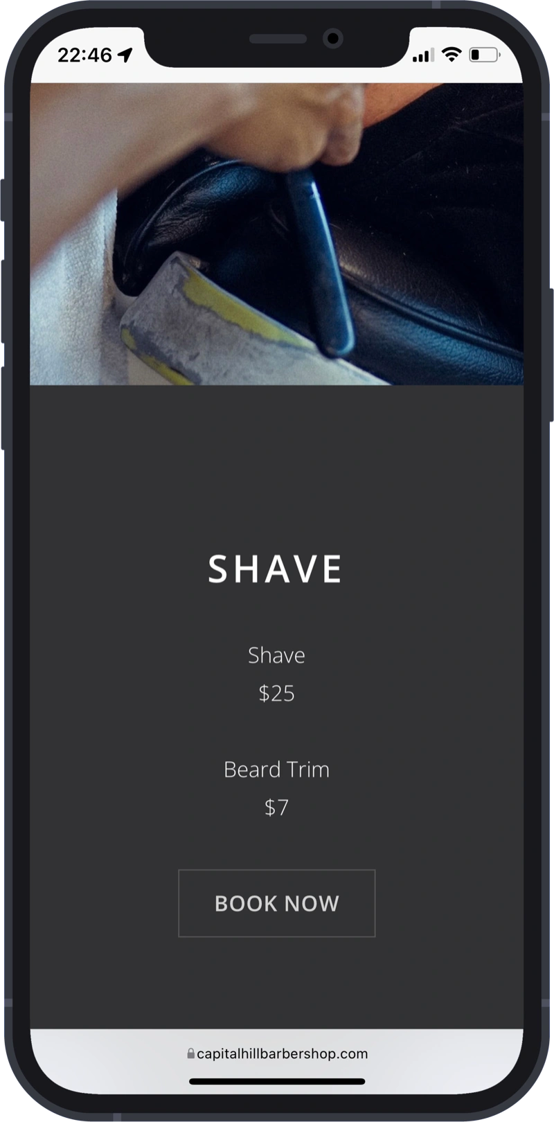 capital hill barbershop website shave section on mobile device