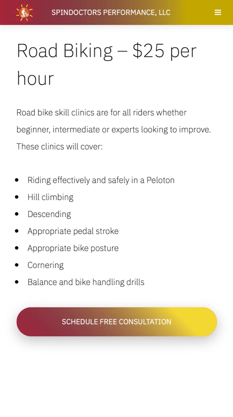 spin doctors performance website biking on a mobile device