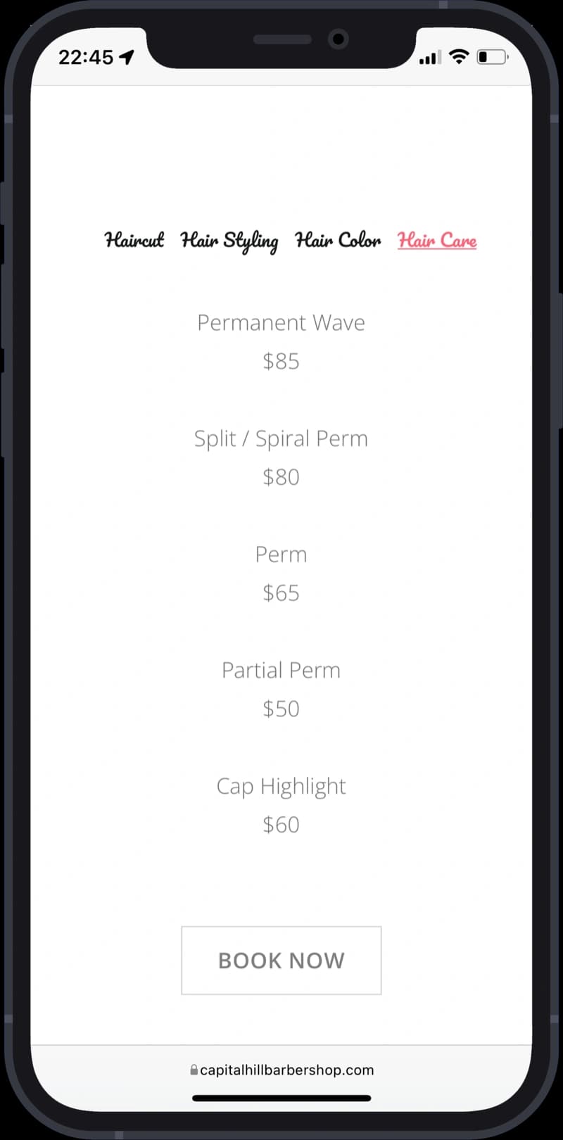 capital hill barbershop website hair care on section on mobile device.