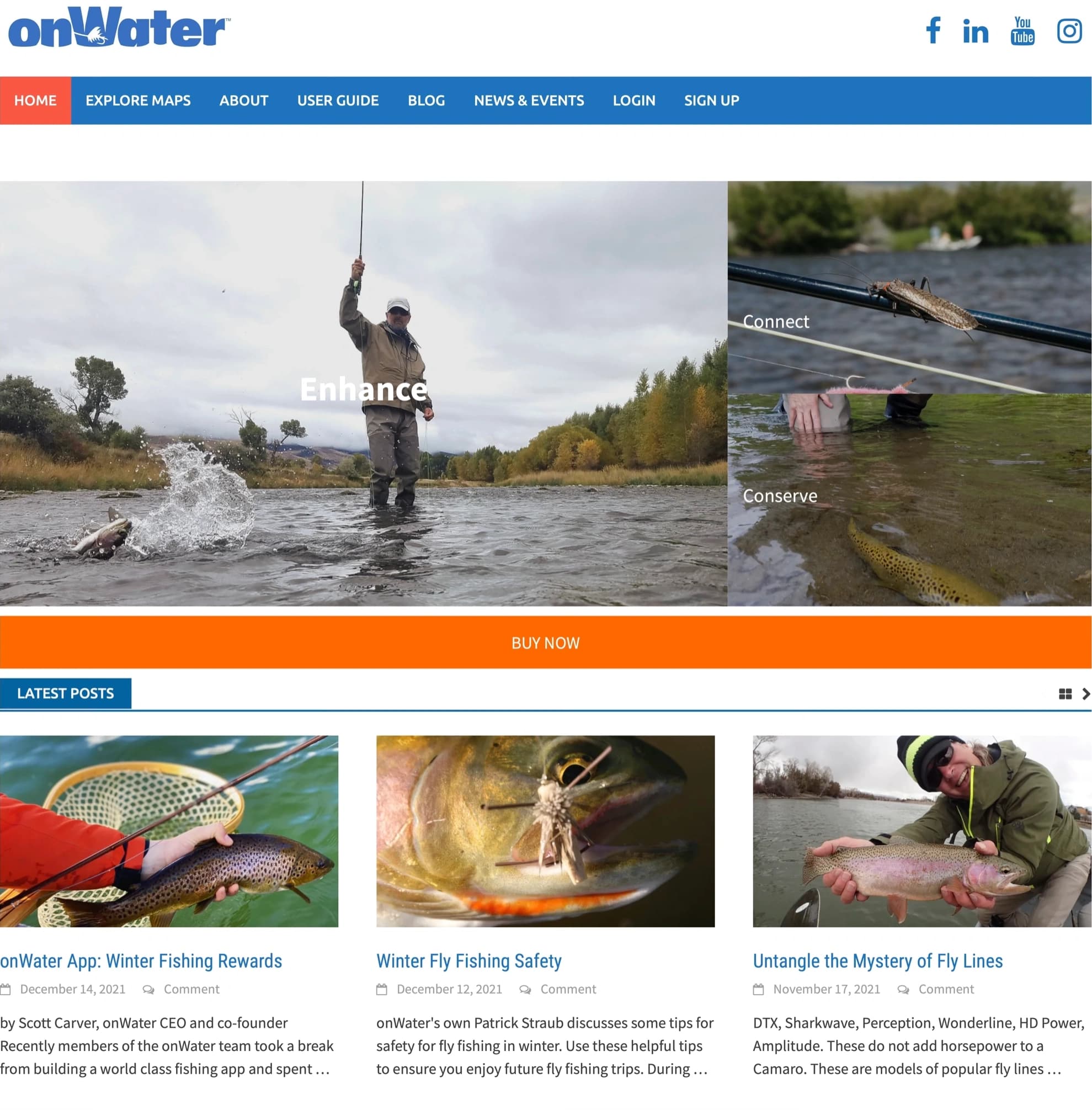 WordPress homepage for OnWater fly fishing